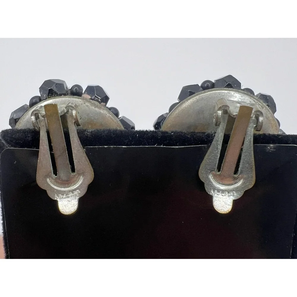 Vintage Japan Clip On Earrings Womens OS Black Excellent Faceted Cluster Round